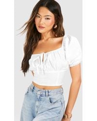 Boohoo - Linen Rouched Milkmaid Top - Lyst