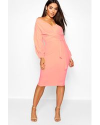 tall off the shoulder wrap midi bodycon dress