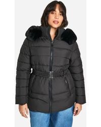 Boohoo - Plus Faux Fur Trim Belted Puffer Jacket - Lyst