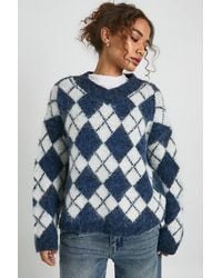 Boohoo - Premium Super Soft Brushed Knit V Neck Argyle Oversized Jumper - Lyst