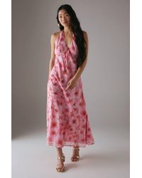 Warehouse - Petite Chiffon Bias Tie Front Low Back Halter Midi Dress - Lyst
