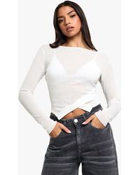 Boohoo - Textured Mesh Button Hem Long Sleeve Top - Lyst