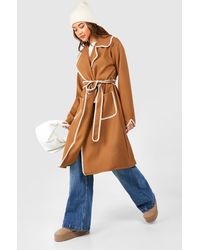 Boohoo - Contrast Blanket Stitch Detail Belted Wool Look Coat - Lyst