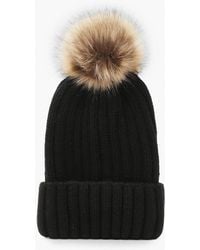 Boohoo - Rib Knit Beanie With Large Faux Fur Pom - Lyst