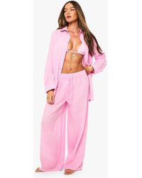 Boohoo - Linen Wide Leg Beach Pants - Lyst