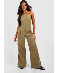 Boohoo - Halterneck Linen Look Jumpsuit - Lyst