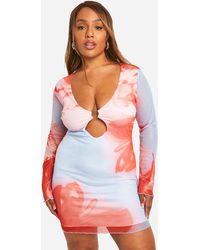 Boohoo - Plus Mesh Floral Print Cut Out Detail Long Sleeve Mini Dress - Lyst