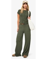 Boohoo - Crinkle Rib Button Through Cap Sleeve Top And Trouser Set - Lyst