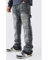 Boohoo - Tall Slim Rigid Flare Embellished Strap Detail Jeans - Lyst