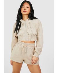 Boohoo - Petite Dsgn Applique Cropped Hoodie Washed Short Tracksuit - Lyst