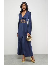 Oasis - Satin Lace Insert Flute Sleeve Midi Dress - Lyst
