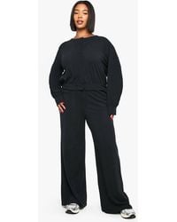 Boohoo - Plus Ribbed Button Down Cardigan And Wide Leg Trouser - Lyst