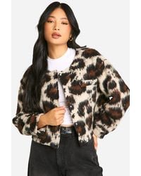 Boohoo - Petite Leopard Wool Look Bomber Jacket - Lyst