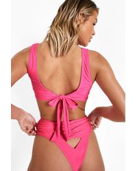Boohoo Neon Ruched High Waisted Thong Bikini Brief - Pink