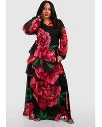 Boohoo - Plus Dobby Mesh Floral Print Long Sleeve Ruffle Maxi Dress - Lyst