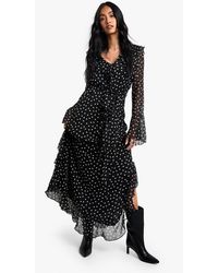Boohoo - Polka Dot Ruffle Flare Sleeve Belted Chiffon Maxi Dress - Lyst