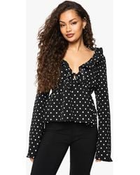 Boohoo - Woven Polka Dot Print Tie Front Top - Lyst