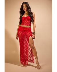 Boohoo - Lace Ruched Split Maxi Skirt - Lyst