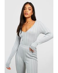 Boohoo - Petite Mixed Rib V Neck Knitted One Piece - Lyst
