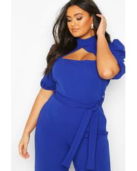 Boohoo Plus Choker Cut Out Puff Sleeve Jumpsuit - Blue