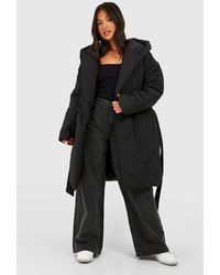 Boohoo - Petite Diamond Quilted Belted Puffer Jacket - Lyst