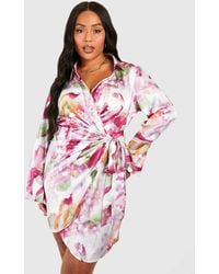 Boohoo - Plus Marble Print Wrap Shirt Dress - Lyst