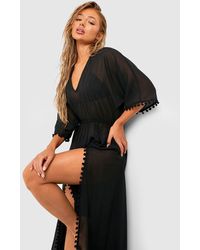 Boohoo - Pom Pom Split Sides Maxi Beach Kaftan - Lyst