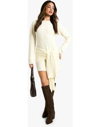Boohoo - Soft Cable Oversized Tie Detail Knitted Mini Dress - Lyst