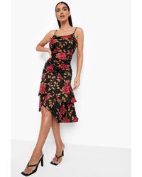 satin floral cowl flute hem slip dress