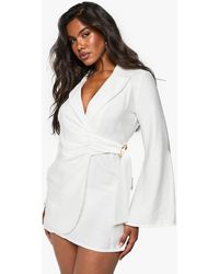 Boohoo - Linen Look Buckle Detail Tie Waist Tailored Blazer Dress - Lyst