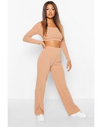 Boohoo Ensemble Pantalon Évasé Et Top En Maille Côtelée À Encolure Carrée - Neutre