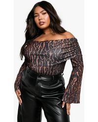 Boohoo - Plus Ruched Bardot Leopard One Piece - Lyst