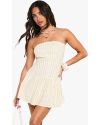 Boohoo - Petite Stripe Linen Look Button Down Pepum Mini Dress - Lyst