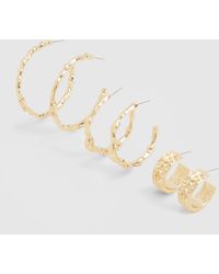 Boohoo - Gold Hammered Hoop Earrings 3 Pack - Lyst