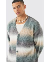 BoohooMAN - Boxy Fit Knitted Brushed Stripe Cardigan In Sage - Lyst