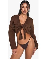 Boohoo - Linen Tie Front Beach Top - Lyst