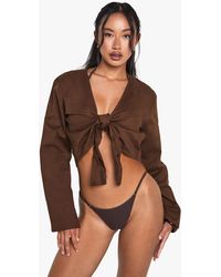 Boohoo - Linen Tie Front Beach Top - Lyst