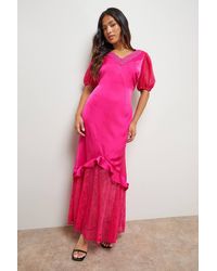 Oasis - Petite Plain Lace Frill Detail Puff Sleeve Midi Dress - Lyst