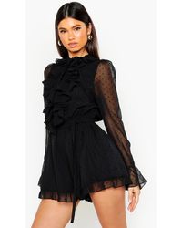 Boohoo Womens Dobby Mesh Ruffle Front Romper - Black - 12