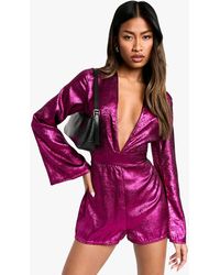 Boohoo - Metallic V Neck Long Sleeve Playsuit - Lyst