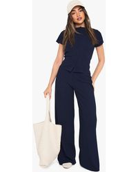 Boohoo - Crinkle Rib Button Through Cap Sleeve Top And Trouser Set - Lyst