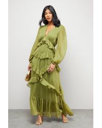 Warehouse - Chiffon Plunge Neck Ruffle Detail Volume Sleeve Maxi Dress - Lyst