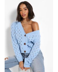 Boohoo Pointelle Cropped Cardigan - Blue
