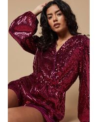 Oasis - Petite Sequin Stripe Wrap Romper - Lyst