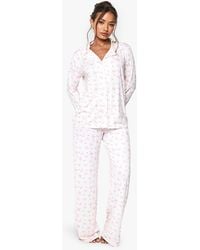 Boohoo - Bow Print Long Sleeve Shirt & Pants Pyjama Set - Lyst