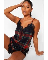 Boohoo Flannel Check Eyelash Lace Cami And Short Set - Red