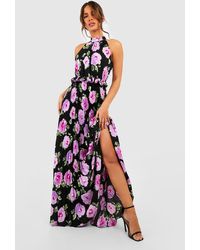 Boohoo - Floral Print Pleated High Neck Maxi Dress - Lyst