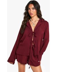 Boohoo - Petite Crinkle Beaded Tie Front Beach Co Ord - Lyst