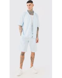 Boohoo - Tall Drop Revere Linen Shirt & Short Set In Light Blue - Lyst