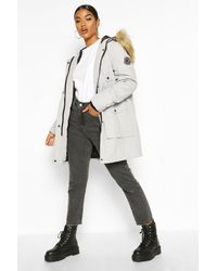 Boohoo Womens Parka mit Gürtel und Fake-Fur-Kapuze - Grau